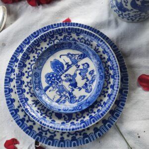 Ensemble de 3 assiettes et sous tasses bleues chinoises