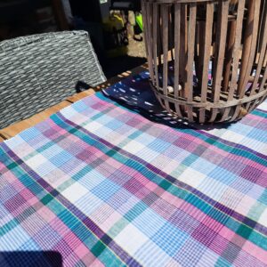 Tissu indien Multilignes L Rose vert bleu blanc
